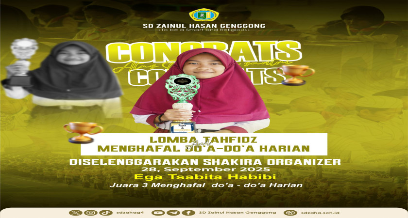 EGA, SISWA SD ZAHA, RAIH JUARA 3 TAHFIZ DO'A-DO'A HARIAN TINGKAT KABUPATEN